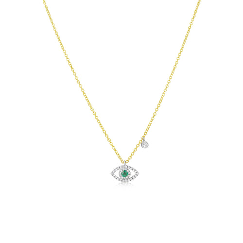 Yellow Gold Emerald and Diamond Evil Eye Necklace