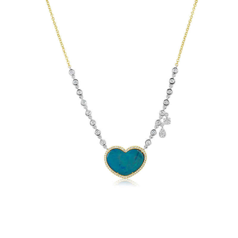 Yellow Gold Opal Heart and Diamond Necklace