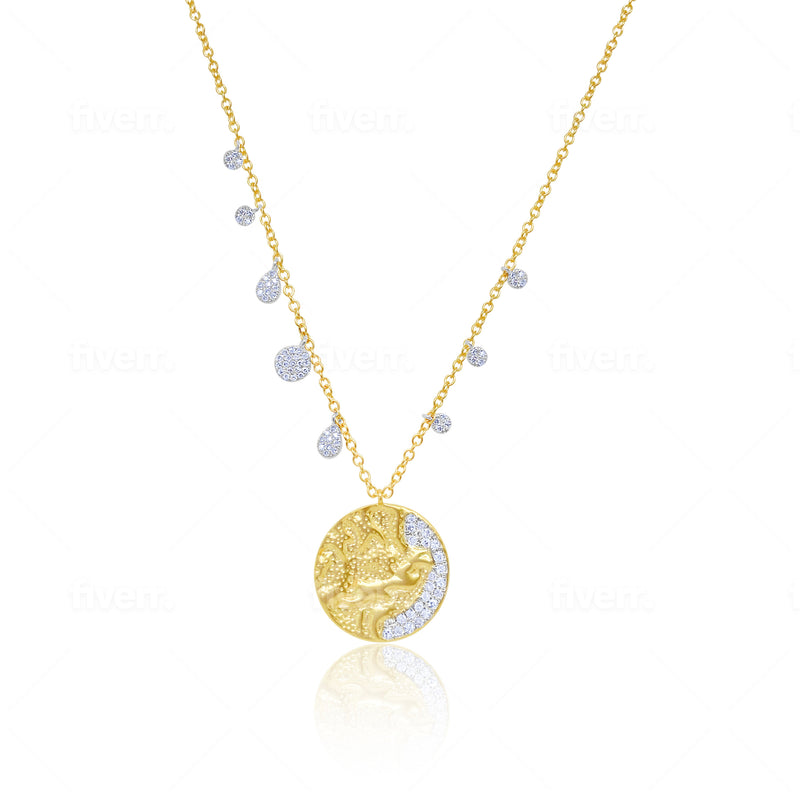 Brushed Gold Coin and Diamond Necklace