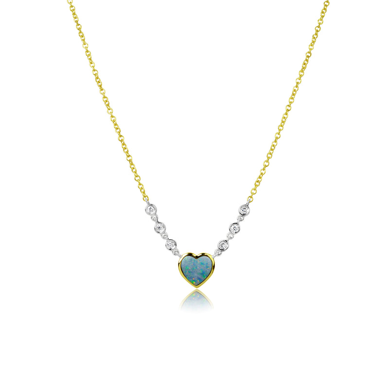 Yellow Gold Opal Heart and Diamond Bezel Necklace