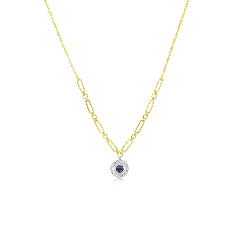 Yellow Gold Diamond and Blue Sapphire Evil Eye Necklace