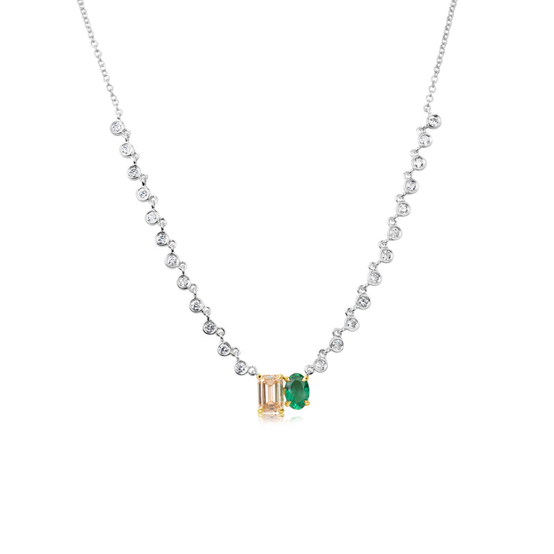 White Gold Champagne Diamond and Emerald Necklace