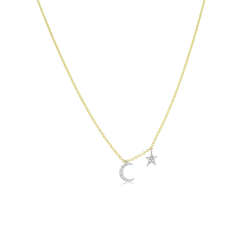 Yellow Gold Diamond Moon and Star Necklace