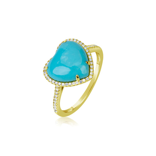Yellow Gold Turquoise Heart and Diamond Ring