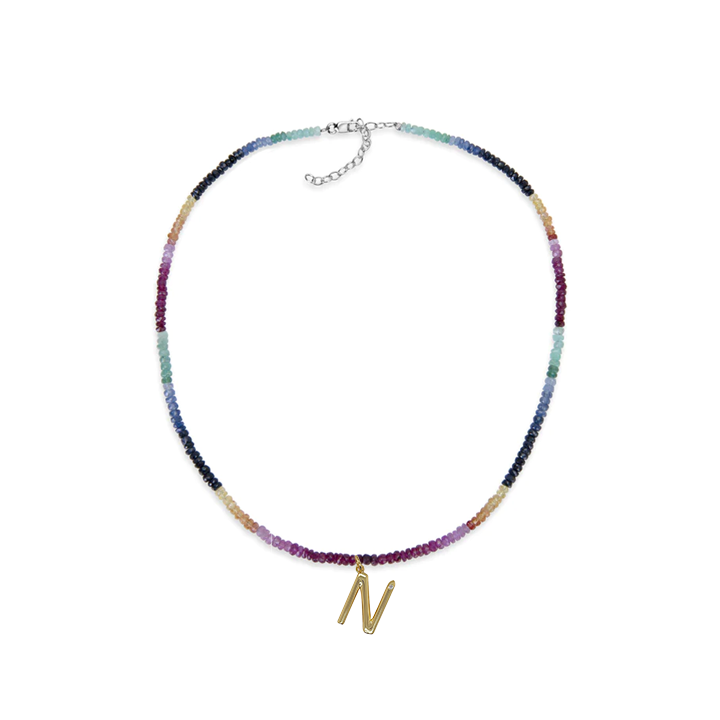 personalized initial rainbow sapphire beaded necklace