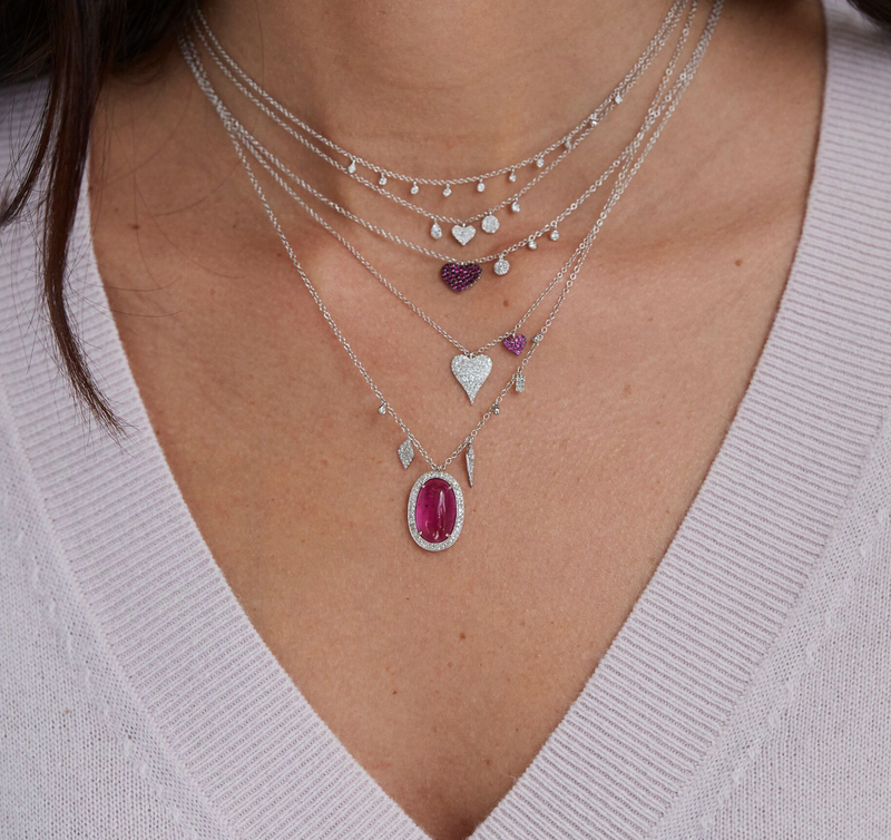 white gold diamond heart necklace with off center ruby heart