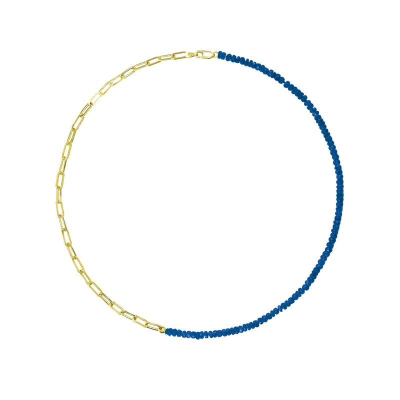Half and Half Blue Sapphire Bead and Gold Plated Paperclip Chain Necklace- ALL NEW BOUTIQUE EXCLUSIVE