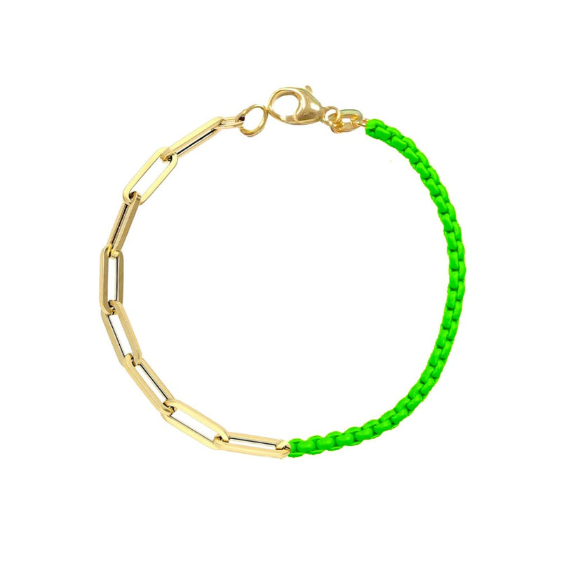 Half Neon Green Chain and Gold Plated Paperclip Chain Bracelet