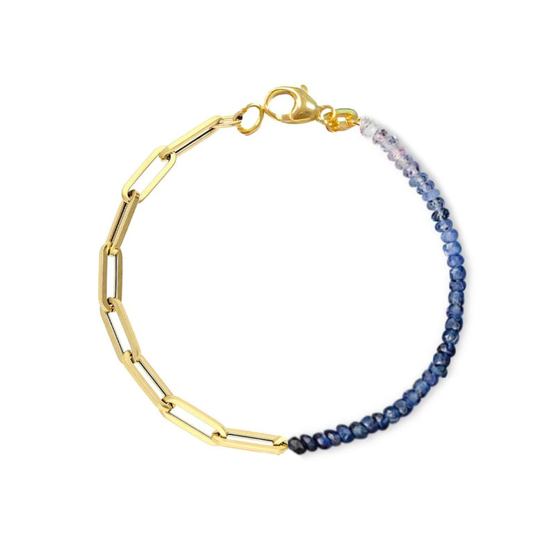 Half and Half Ombre Blue Sapphire Bead and Gold Plated Paperclip chain