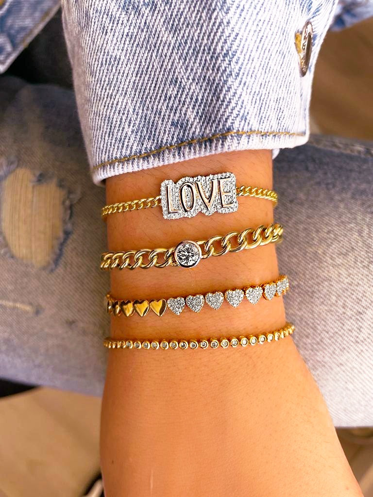 Yellow Gold Large Bubble letter bracelet stacked