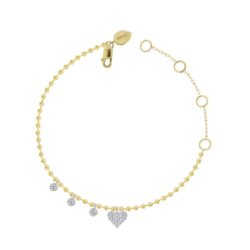 yellow gold ball chain and diamond heart bracelet with diamond bezels
