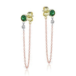 yellow gold emerald stud with diamond bezel and rose gold chain