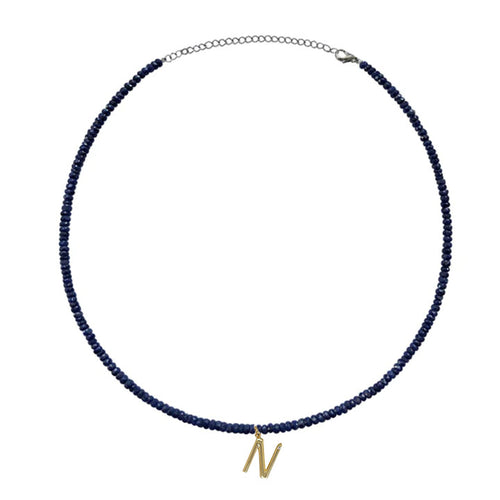 personalized initial blue sapphire beaded necklace