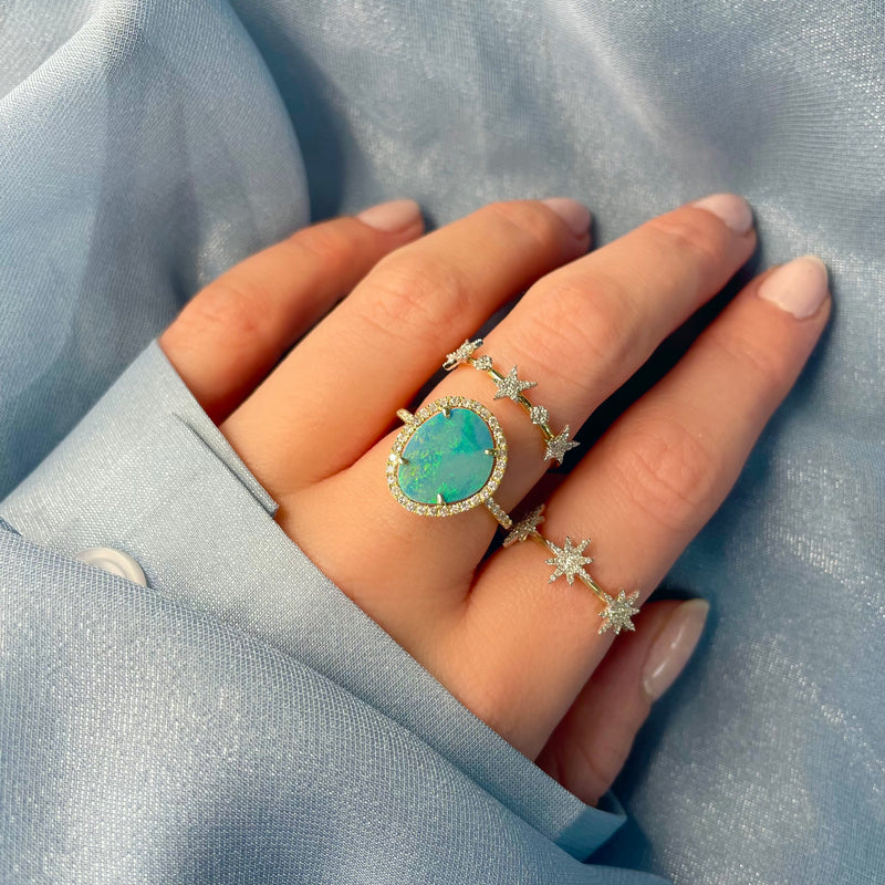 yellow gold and Opal Diamond Halo Ring
