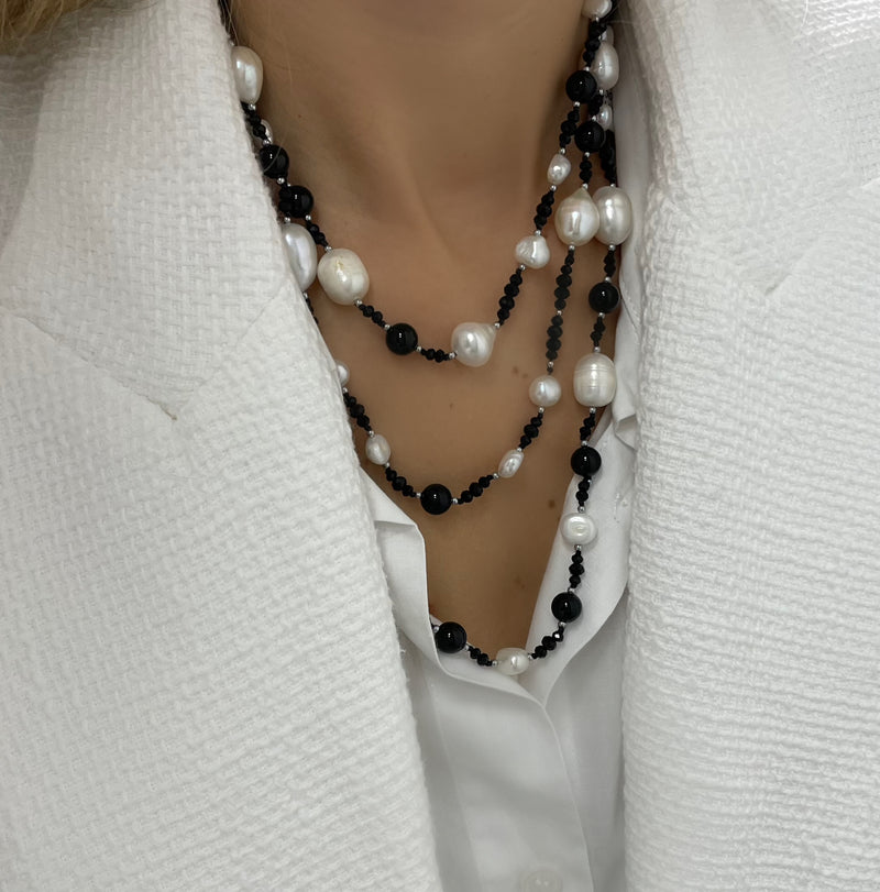 White Organic Pearl and Black Hematite Bead Long Wrap Necklace