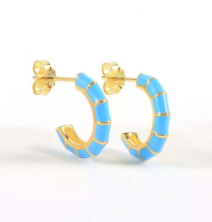 Gold Plated and Enamel Turquoise Striped Earrings