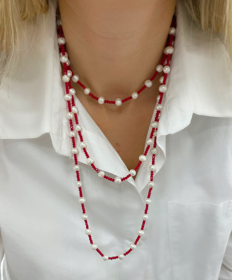 White Pearl and Red Bead Long Wrap Necklace Meira T Boutique