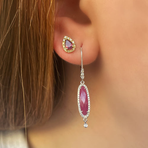 Elongated Ruby Halo Earring