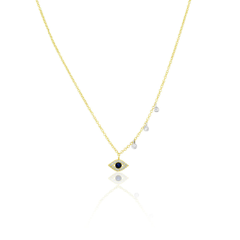 Yellow Gold Blue Sapphire Evil Eye and Bezel Necklace