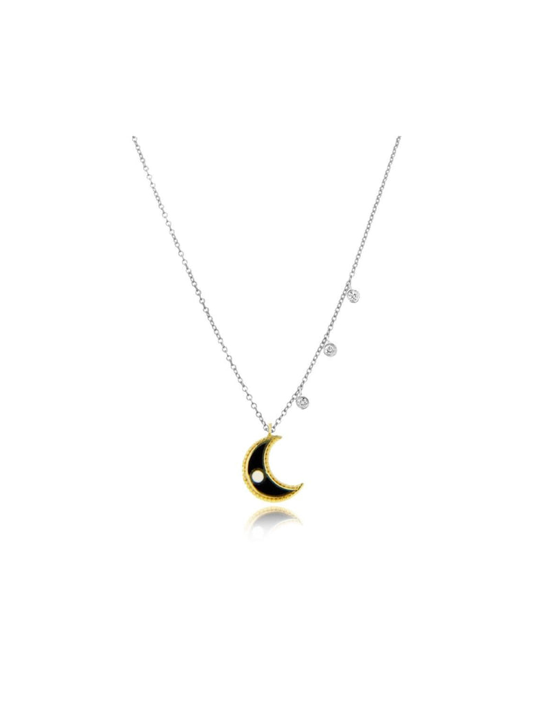Enamel Moon and Star Necklace in White Gold
