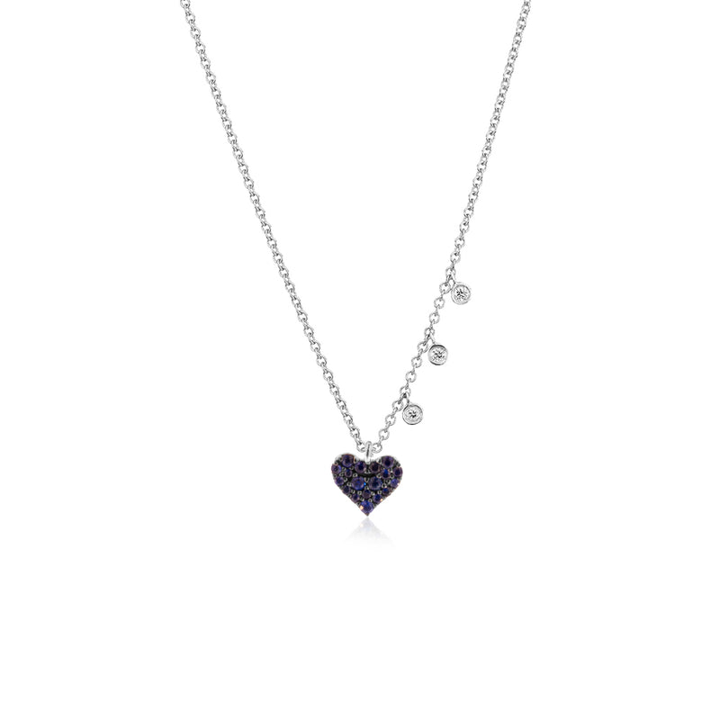 white gold and blue sapphire hearted necklace with diamond charms