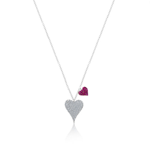 white gold diamond heart necklace with off center ruby heart