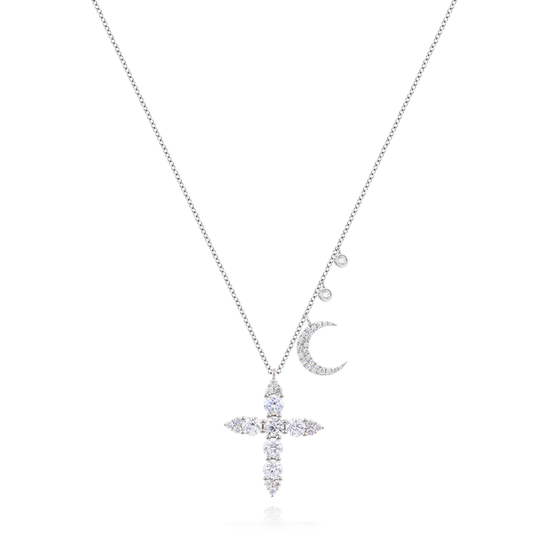White Gold Diamond Encrusted Cross with Moon and Diamond Accents