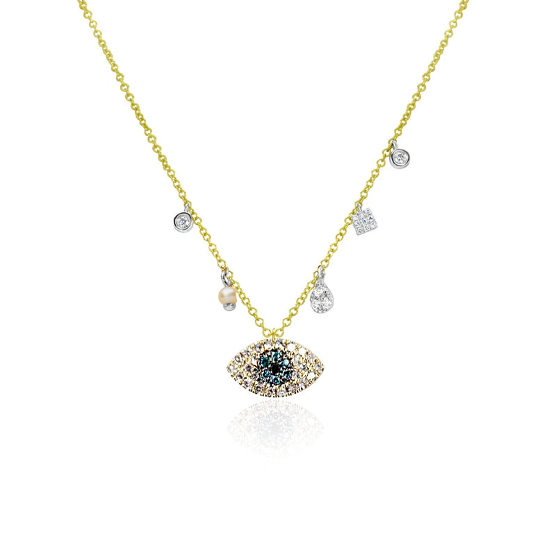 Yellow Gold Diamond Blue and Black Diamond Evil Eye Necklace