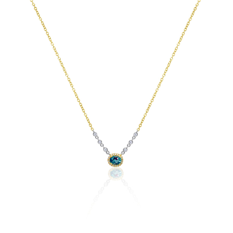 Dainty Blue Topaz Diamond Halo Necklace