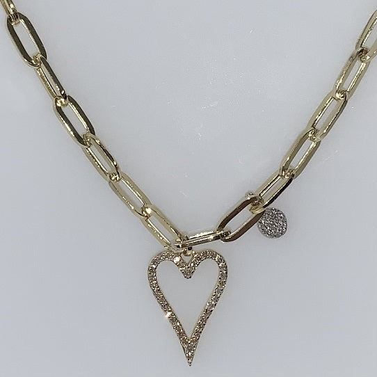 Yellow Gold Diamond Heart Necklace On Paper Clip Chain