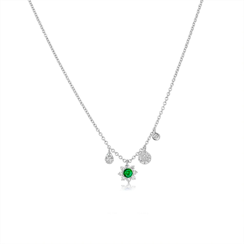 White Gold Emerald and Diamond Flower Necklace