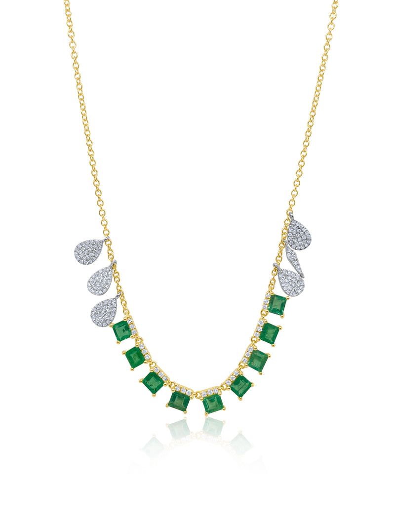 Yellow Gold Hanging Emerald And Diamond Necklace