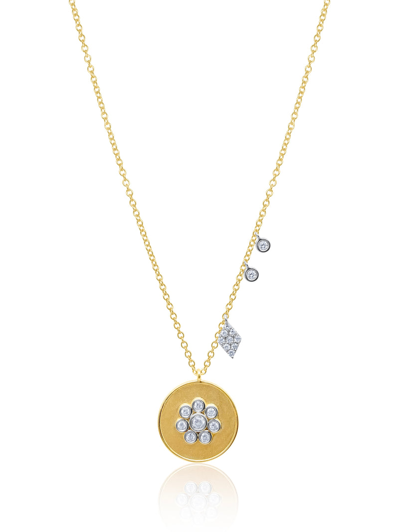 Yellow Gold Brushed Diamond Flower Necklace