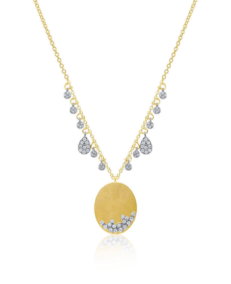 Brushed Yellow Gold Silver Disc Necklace with Diamond Charms