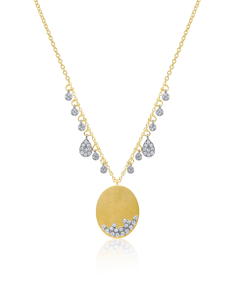 Brushed Yellow Gold Disc Necklace with Diamond Charms