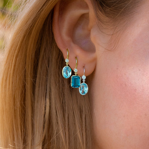 Yellow Gold Blue Topaz Drop Earring (single)